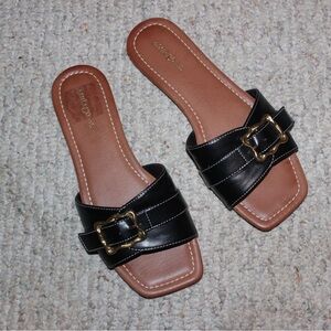 Black Slide Sandals with Gold buckle Accent